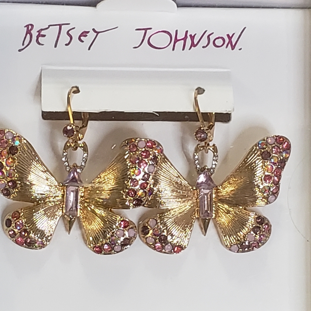 BETSEY JOHNSON Goldtone Multi Color Rhinestones Butterfly Earrings